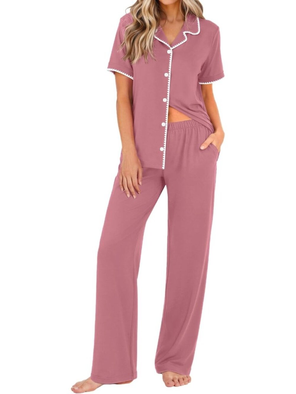 Women's Dusty Rose Button Down Short Sleeve Shirt Loungewear Pajamas Set